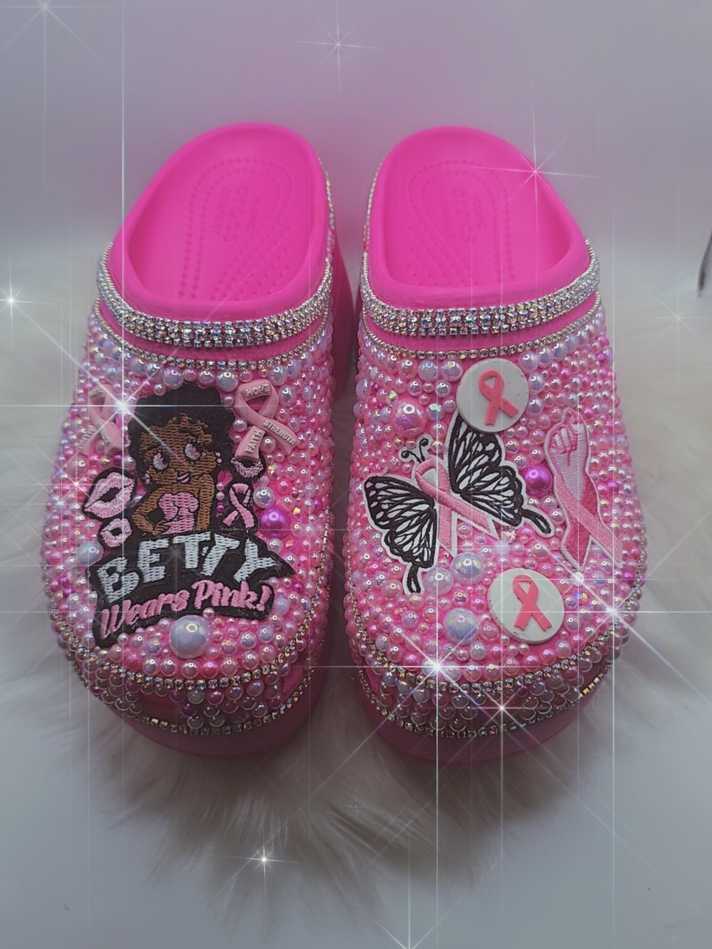 Womens Pink Bejeweled Clog Shoes with Breast Cancer Ribbon Accents